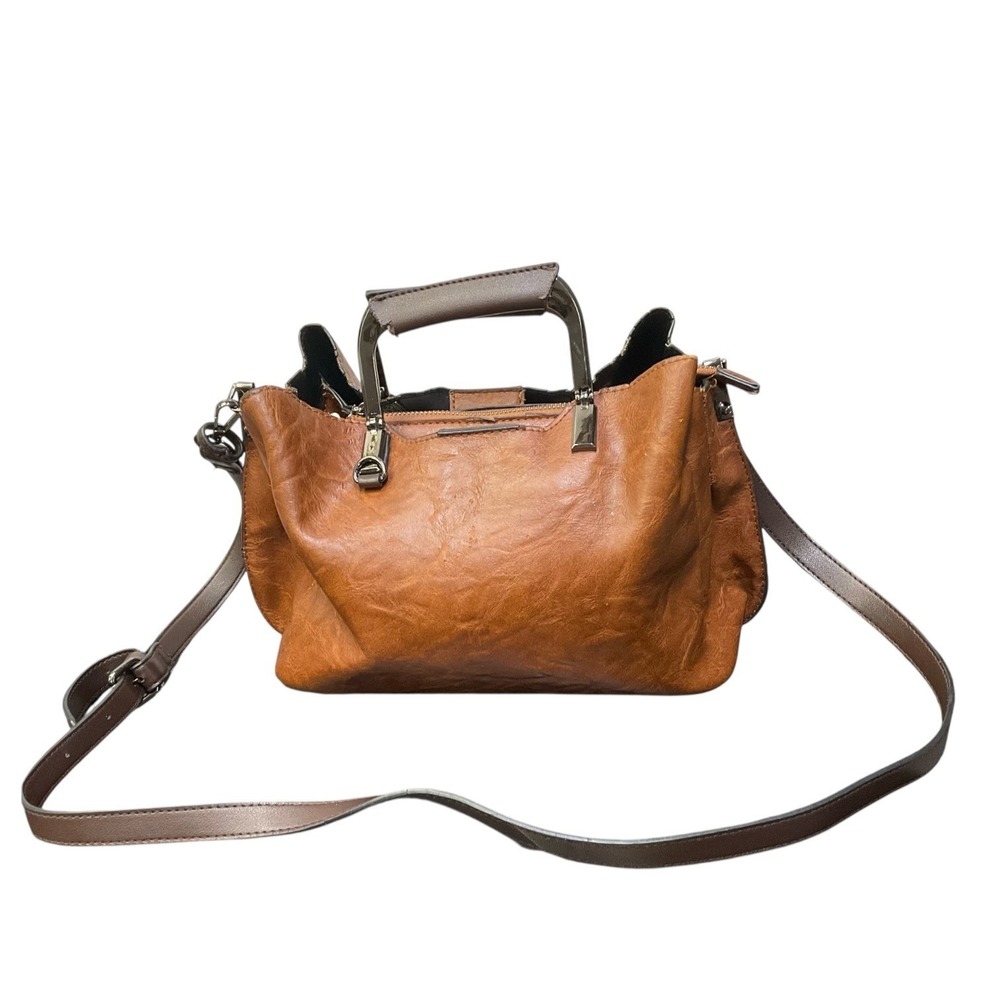 Rofozzi Cognac Brown Vegan Leather Satchel Crossbody Bag Floral Lining‎ Gunmetal